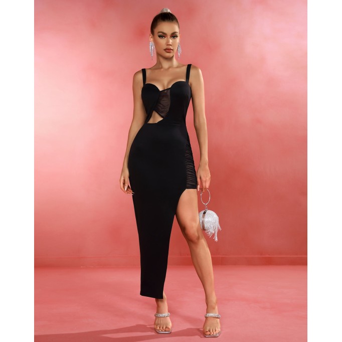 Strappy Cutout Mesh Maxi Bandage Dress