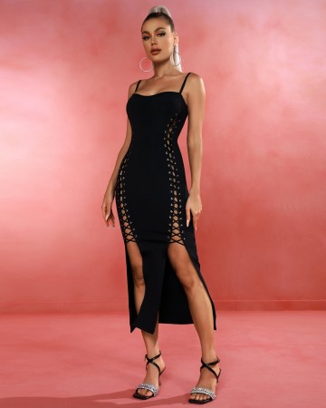 Lace Up Thigh High Slit Bandage Dress