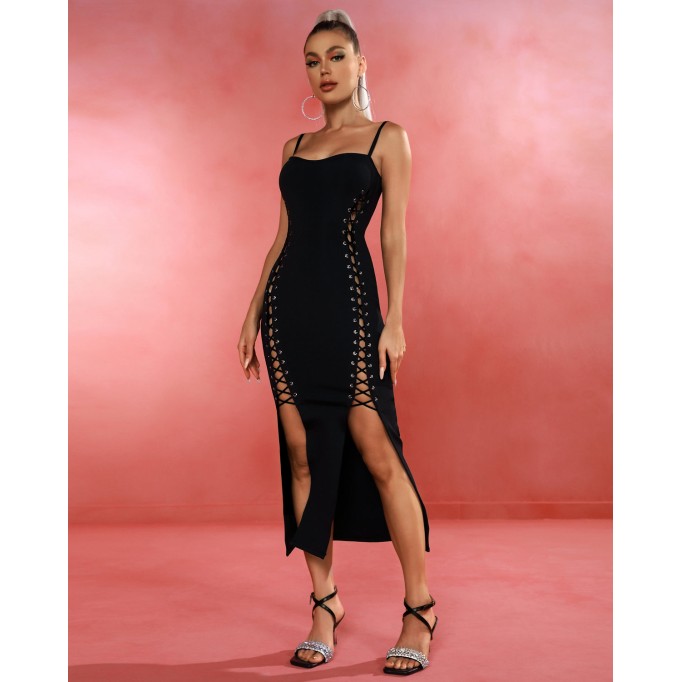 Lace Up Thigh High Slit Bandage Dress