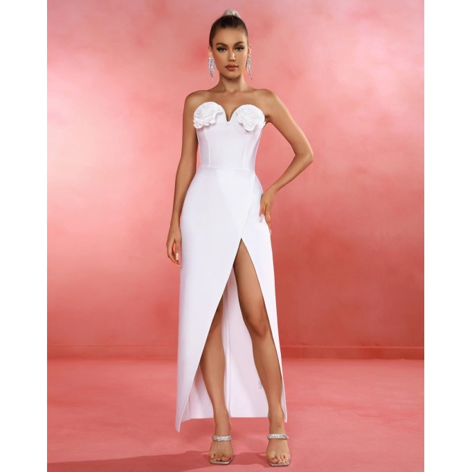 White-rose Strapless Maxi Bandage Dress