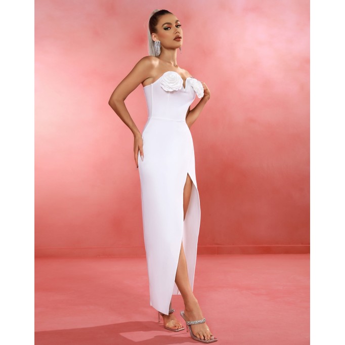 White-rose Strapless Maxi Bandage Dress