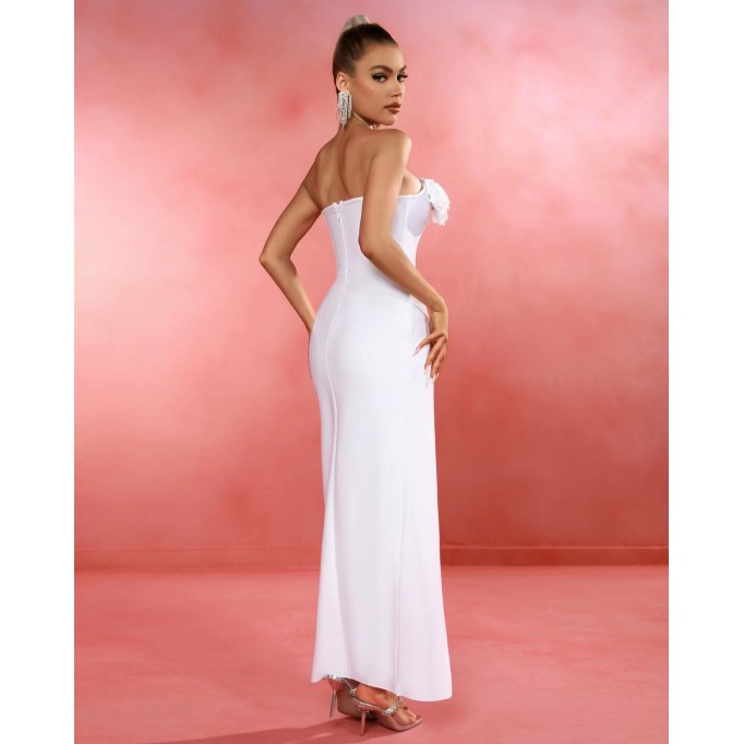 White-rose Strapless Maxi Bandage Dress