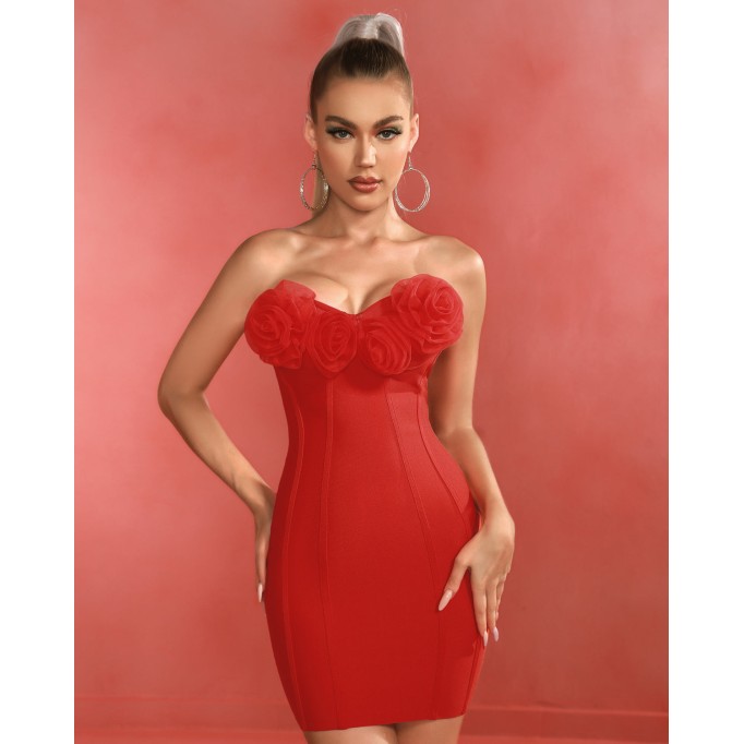 Red Flower Mini Bandage Dress