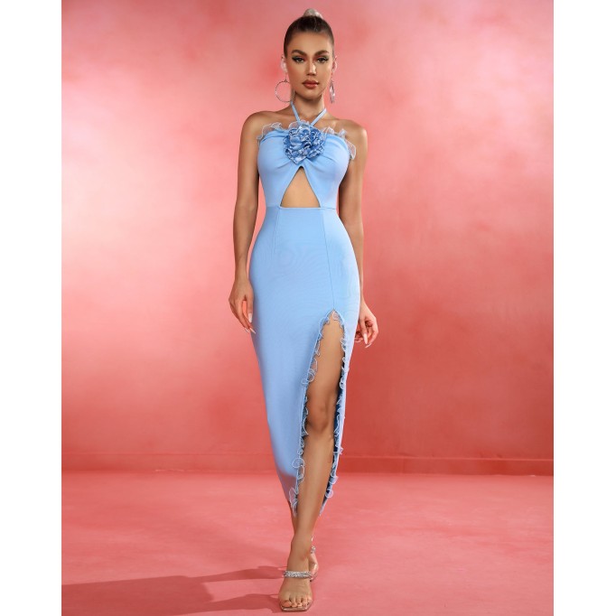 Blue Flower Cut Out Bandage Dress