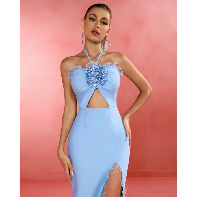 Blue Flower Cut Out Bandage Dress