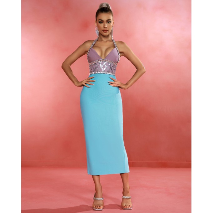 Halter Crystal Ornamental Midi Bandage Dress