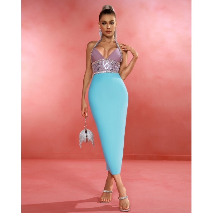 Halter Crystal Ornamental Midi Bandage Dress