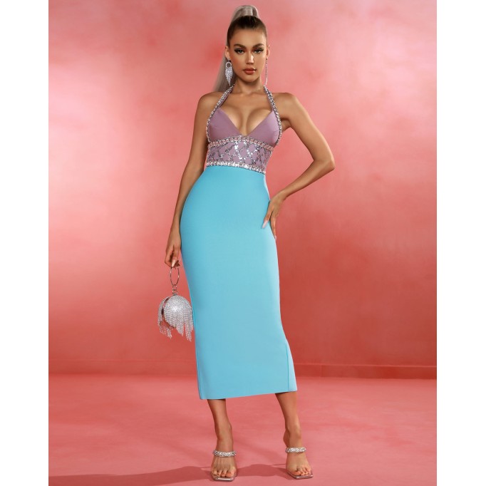 Halter Crystal Ornamental Midi Bandage Dress