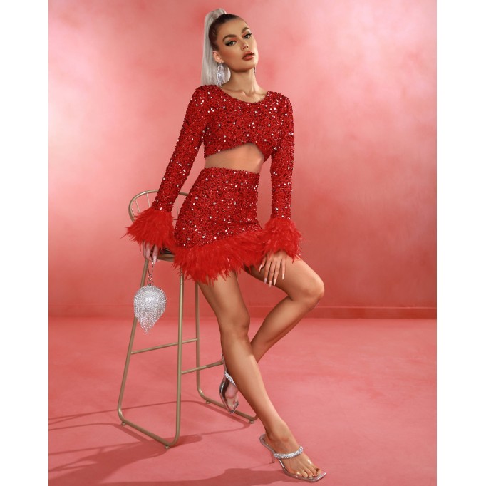 Feather Trim Sequin Mesh Prom Dress