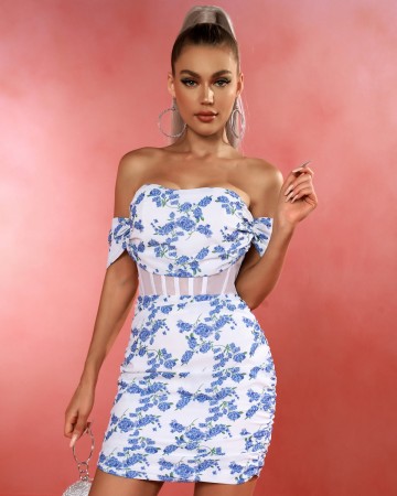 Off Shoulder High Waist Mesh Print Dress