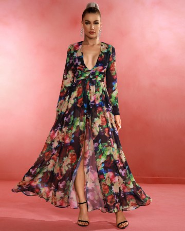 V Neck Floral Print Maxi Dress