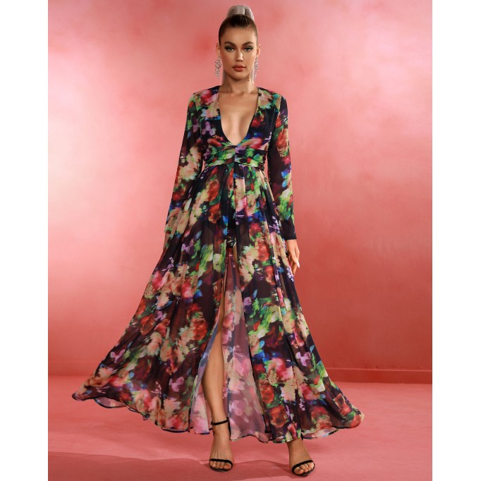 V Neck Floral Print Maxi Dress