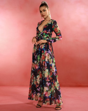 V Neck Floral Print Maxi Dress