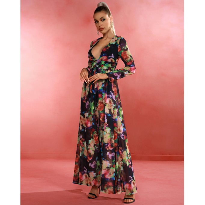 V Neck Floral Print Maxi Dress