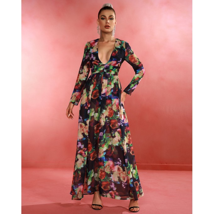 V Neck Floral Print Maxi Dress