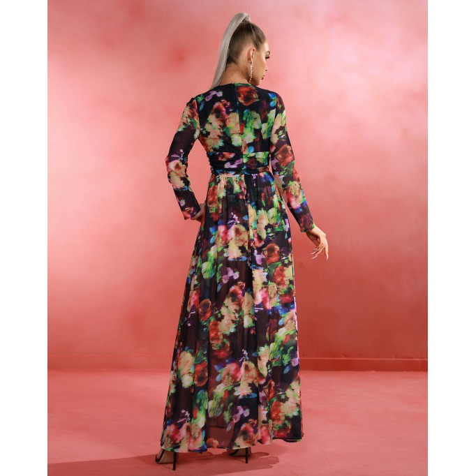 V Neck Floral Print Maxi Dress