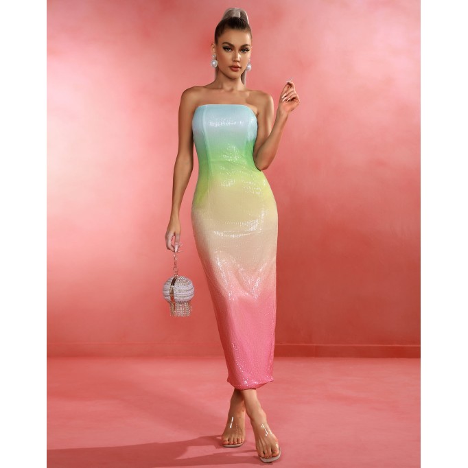 Rainbow Gradient Sequin Long Dress