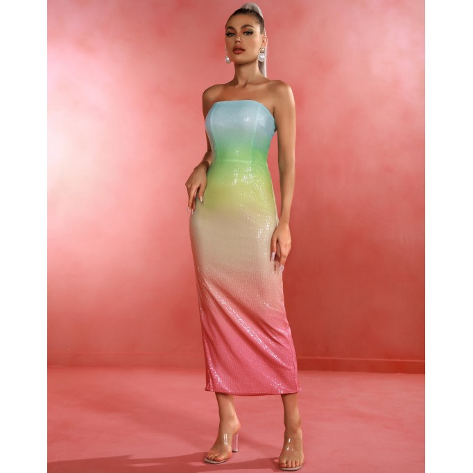 Rainbow Gradient Sequin Long Dress