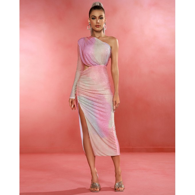 Rainbow Rhinestone Cutout Midi Dress