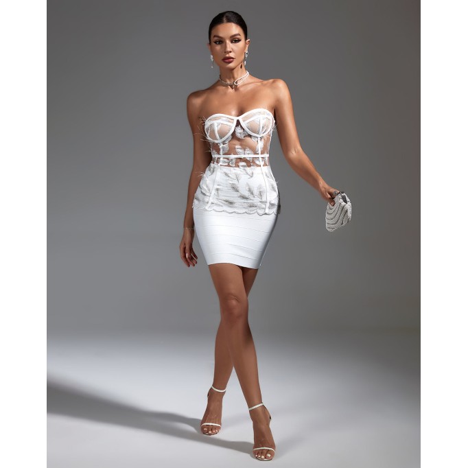 Strapless Cutout Feather Bandage Skirt Set