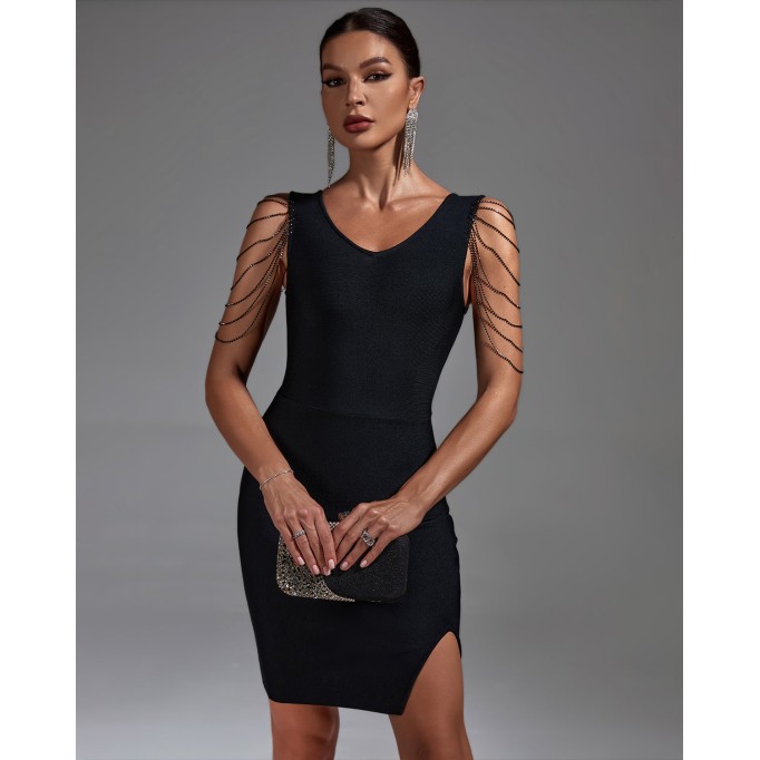 V Neck Draped Beads Bandage Dress