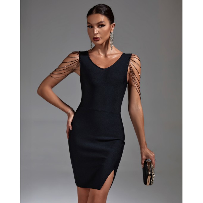 V Neck Draped Beads Bandage Dress