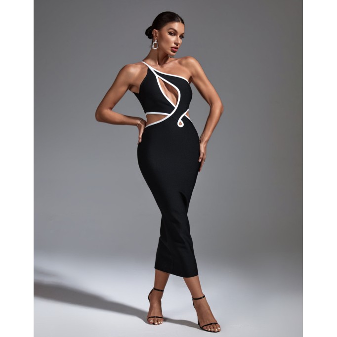 One Shoulder Cutout Midi Bandage Dress