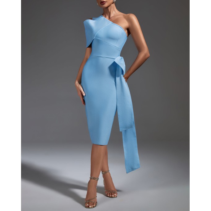 One Shoulder Bow Lace Up Midi Bandage Dress