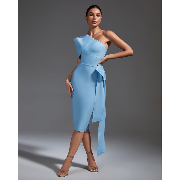 One Shoulder Bow Lace Up Midi Bandage Dress