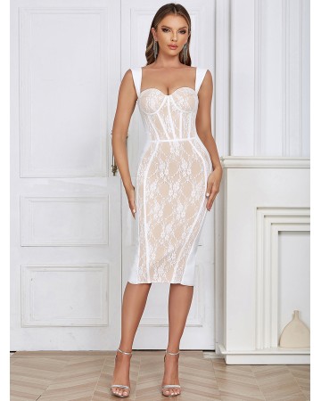 Square Collar Sleeveless Lace Over Knee Bandage Dress HB01230