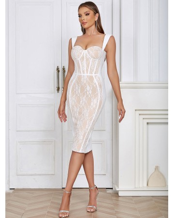 Square Collar Sleeveless Lace Over Knee Bandage Dress HB01230