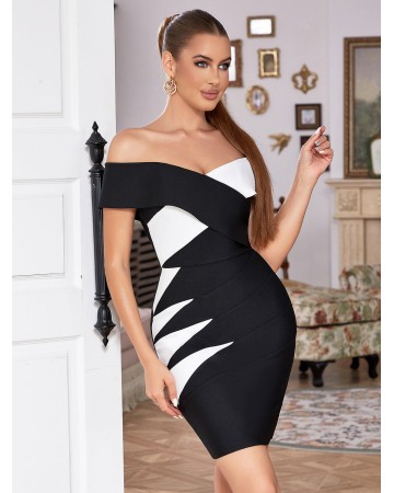 Off Shoulder Short Sleeve Splicing Mini Bandage Dress HB01262