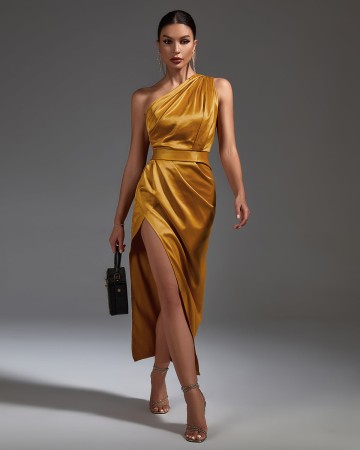 One Shoulder Satin Ruched Dress