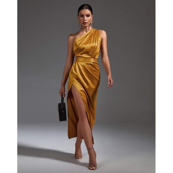 One Shoulder Satin Ruched Dress