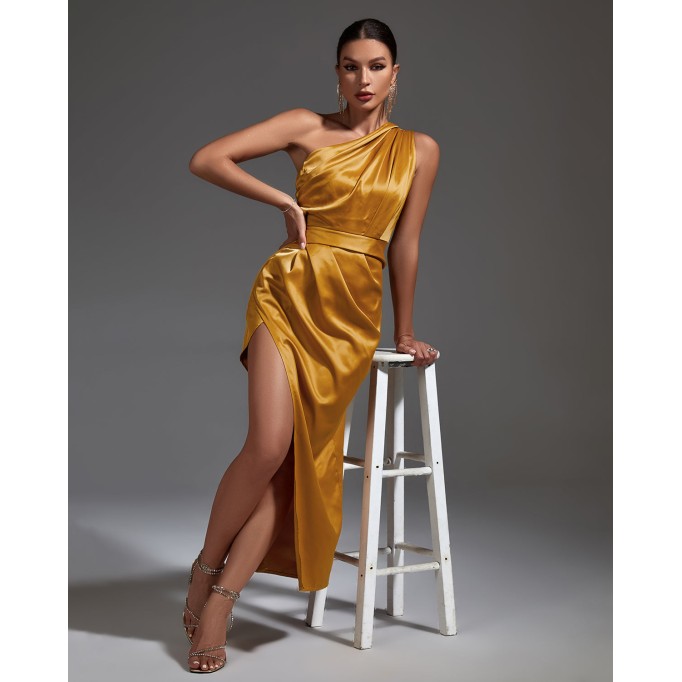 One Shoulder Satin Ruched Dress