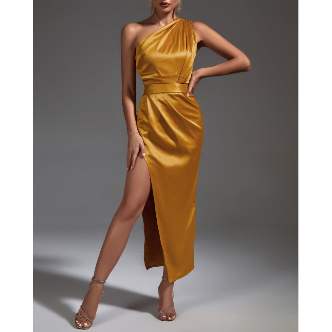 One Shoulder Satin Ruched Dress