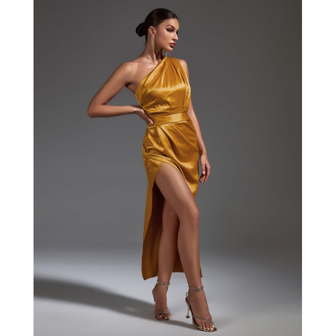 One Shoulder Satin Ruched Dress