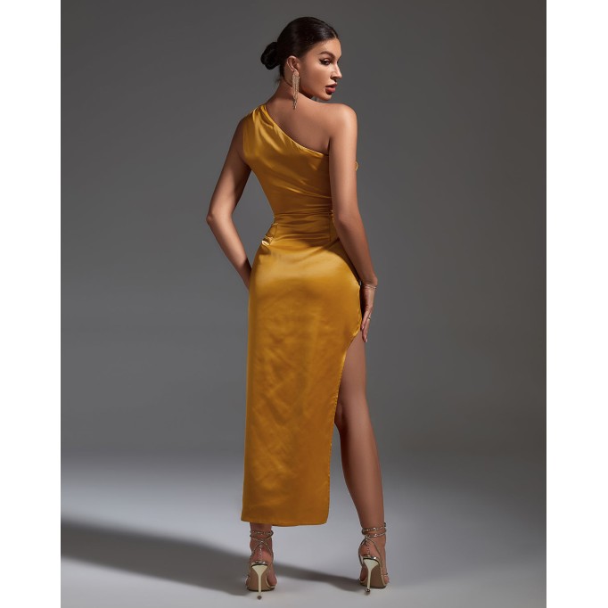 One Shoulder Satin Ruched Dress