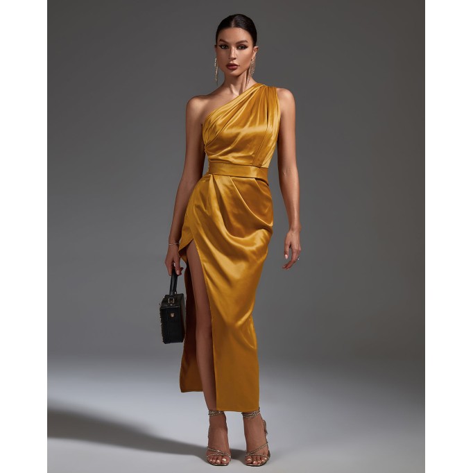 One Shoulder Satin Ruched Dress