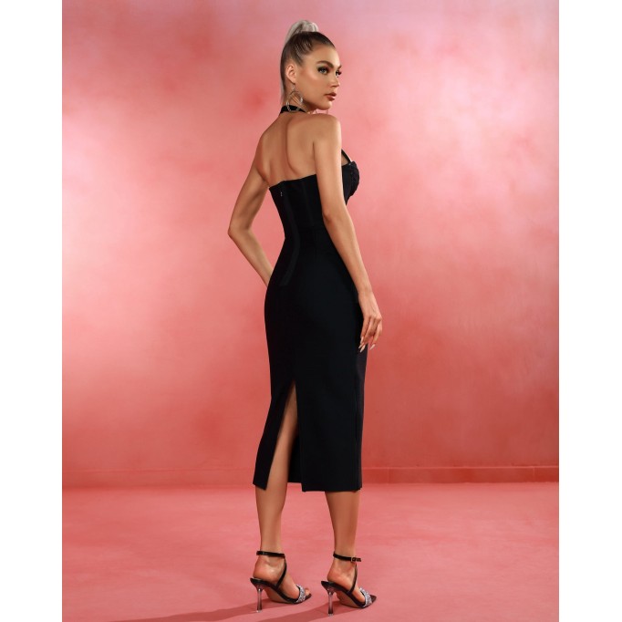 Halter Cutout Mesh Midi Bandage Dress