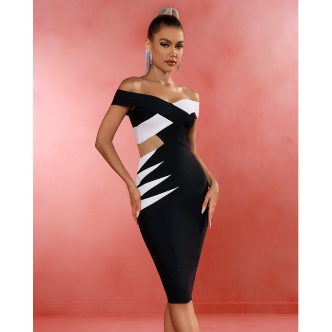 Structured Rib Colorblock Midi Bandage Dress