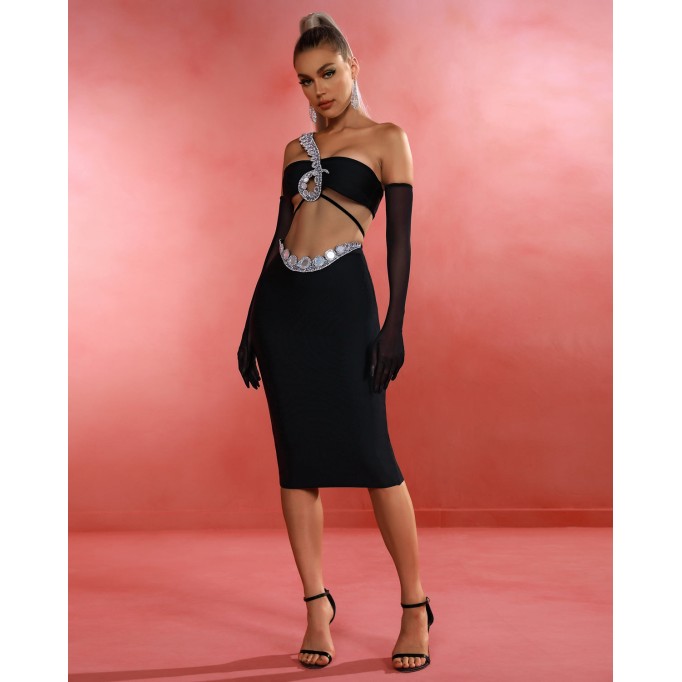 Crystal & Sequined Black Midi Skirt Set