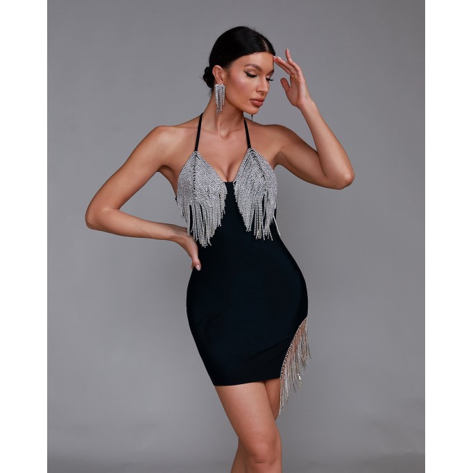 Halter Neck Crystal Fringe Bandage Dress