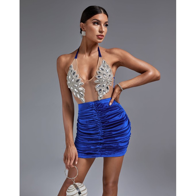 Backless Rhinestone Decorated Mini Dress