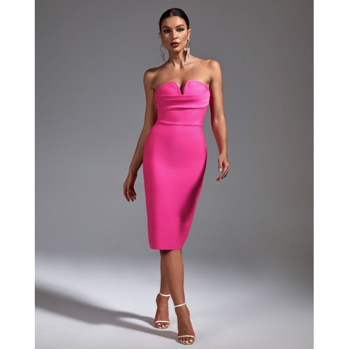 Strapless Sleeveless Plain Midi Bandage Dress