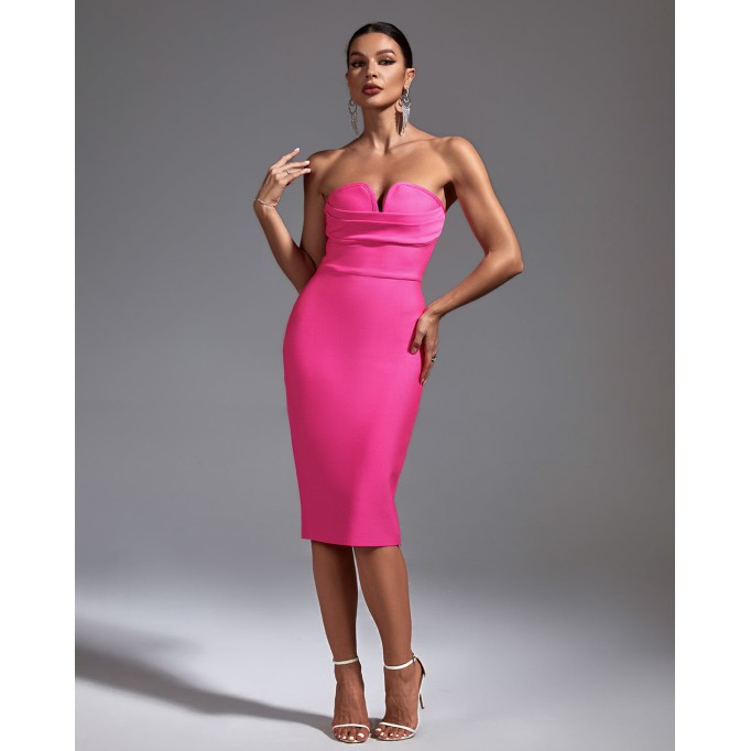 Strapless Sleeveless Plain Midi Bandage Dress