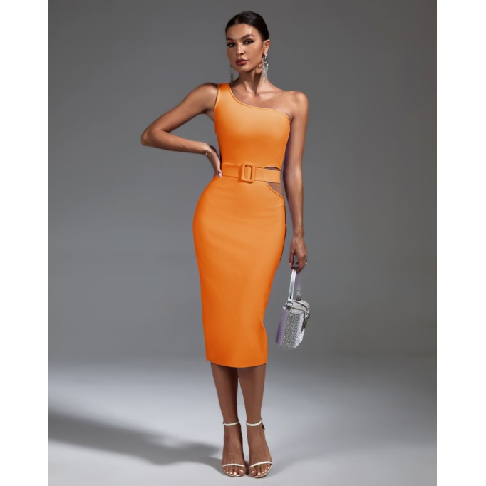 One Shoulder Sleeveless With Belt Bandage Dress