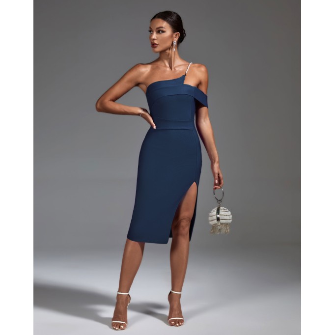 One Shoulder Pearl Chain Midi Bandage Dress