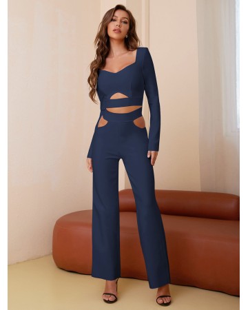 Square Collar Long Sleeve Zipper Bandage Jumpsuit HB76240