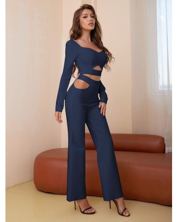 Square Collar Long Sleeve Zipper Bandage Jumpsuit HB76240